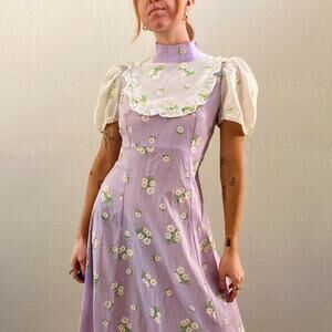 Vintage 1970's Cottage Core Purple Floral Puff Sleeve Prairie Maxi Dress